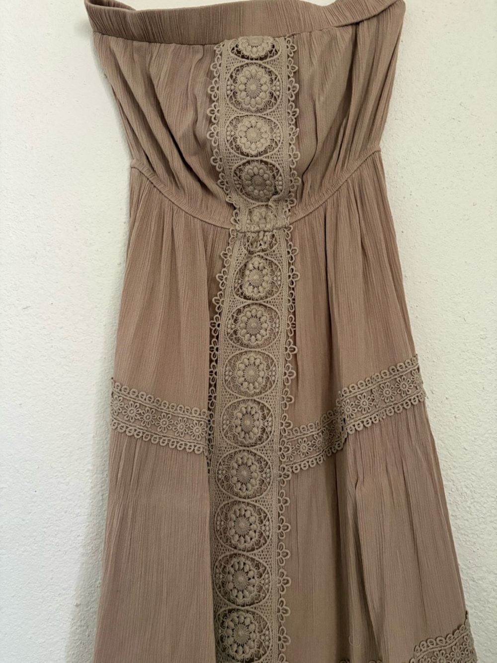 Justify Strapless Maxi Dress in Taupe with Crochet Lace